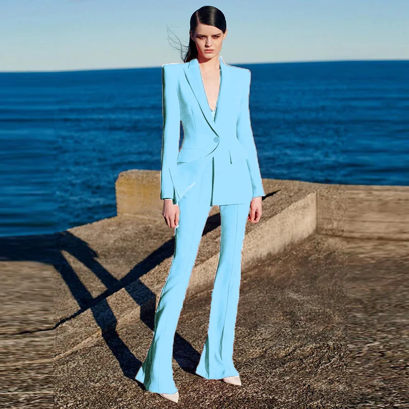 

2023 New Blue One Button Two Piece V Neck Long Sleeve Solid Blazer Flared Trousers Women Set Elegant Office Lady Coat Pants Suit