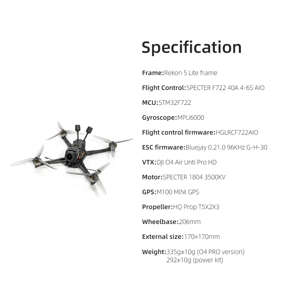 HGLRC Rekon5 LITE 5인치 FPV 장거리 쿼드콥터 파워 키트 (카메라 제외) VTX O4 Pro RC 장난감 (남아용) 야외 프리스타일 드론
