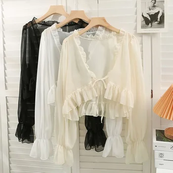1pcs Women Summer Chiffon Sunscreen Shirt Female Ice Silk Thin Ruched Flare Sleeve V-neck Cardigan Paired With Camisole Skirts 1
