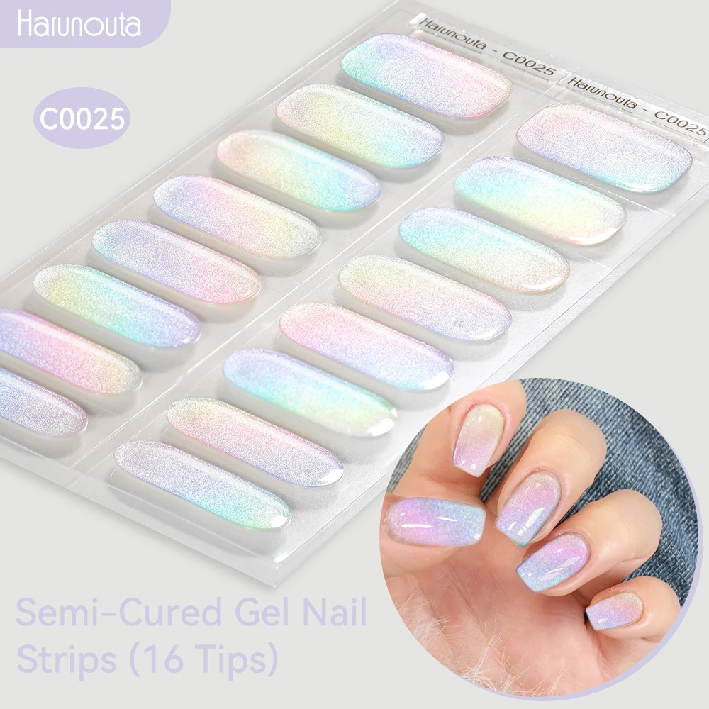 Harunouta Gradient Auroras Semi Cured Gel Nail Strips Sparkly Shinning Gel Polish Stickers for Nails Work with UV LED Nail Lamps 2