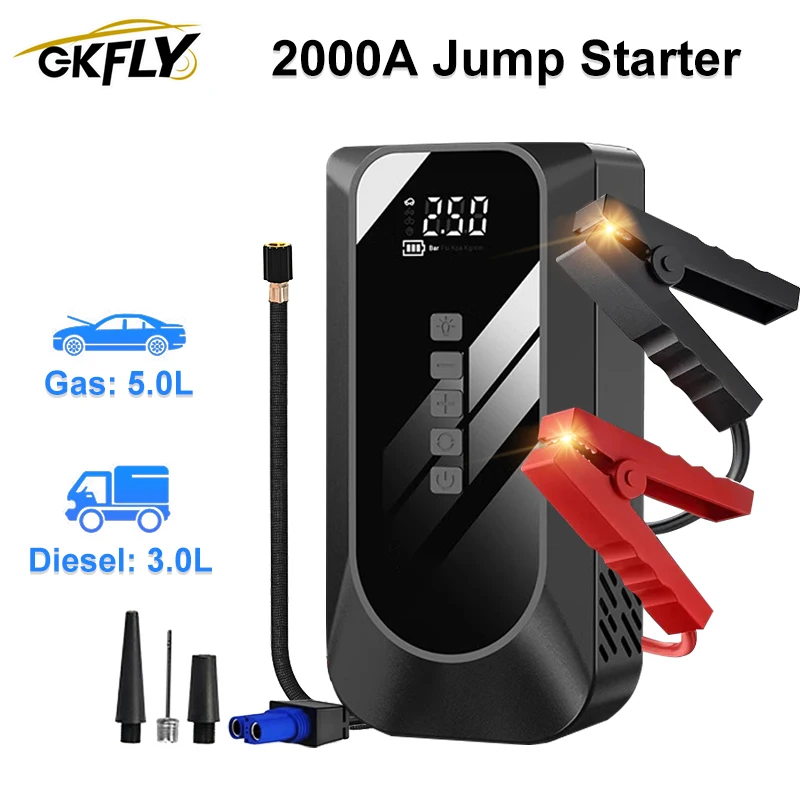 Car Jump Starter Air Pump 4 In 1 Air Compressor Power Bank Car Battery Starter Auto Tyre Inflator 2000A