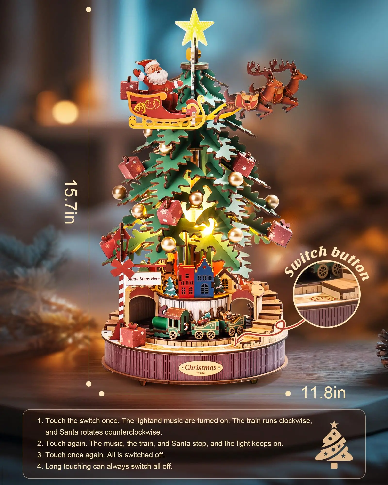 Robotime-rolife-クリスマスのメロディツリーオルゴール,ライト付きの 
