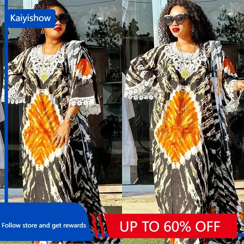 2023 Print African Maxi Dress for Women with Headtie Elegant Lady Party Gown Plus Size Ankara Dashiki Clothes Muslim Kaftan Robe