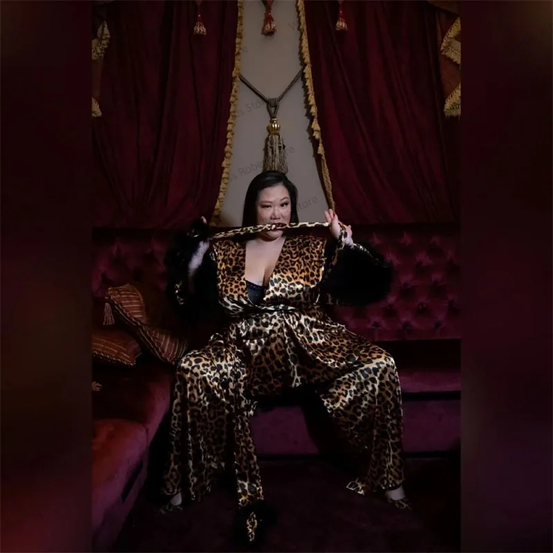 Leopard Feather Women Sleepwear Pajamas Wedding Night Dresses 2 Pieces Cloth+Pants Set Silk Satin With Belt Photoshoot Tailored