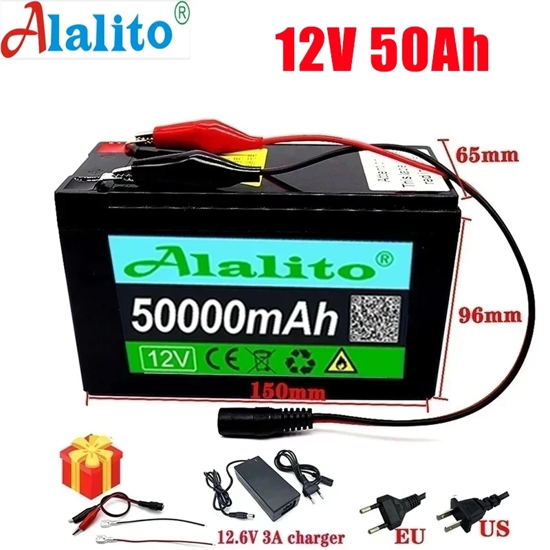

12V 50Ah 18650 lithium battery for Solar Panels 30A built-in high current BMS electric vehicle battery +12.6V charger