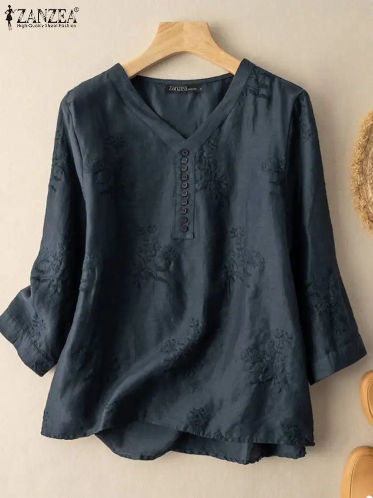 

ZANZEA Casual Loose Embroidery Flowers Blouses Women 2023 Summer Cotton Solid Color V Neck Shirts Leisure 3/4 Sleeve Tunic Tops