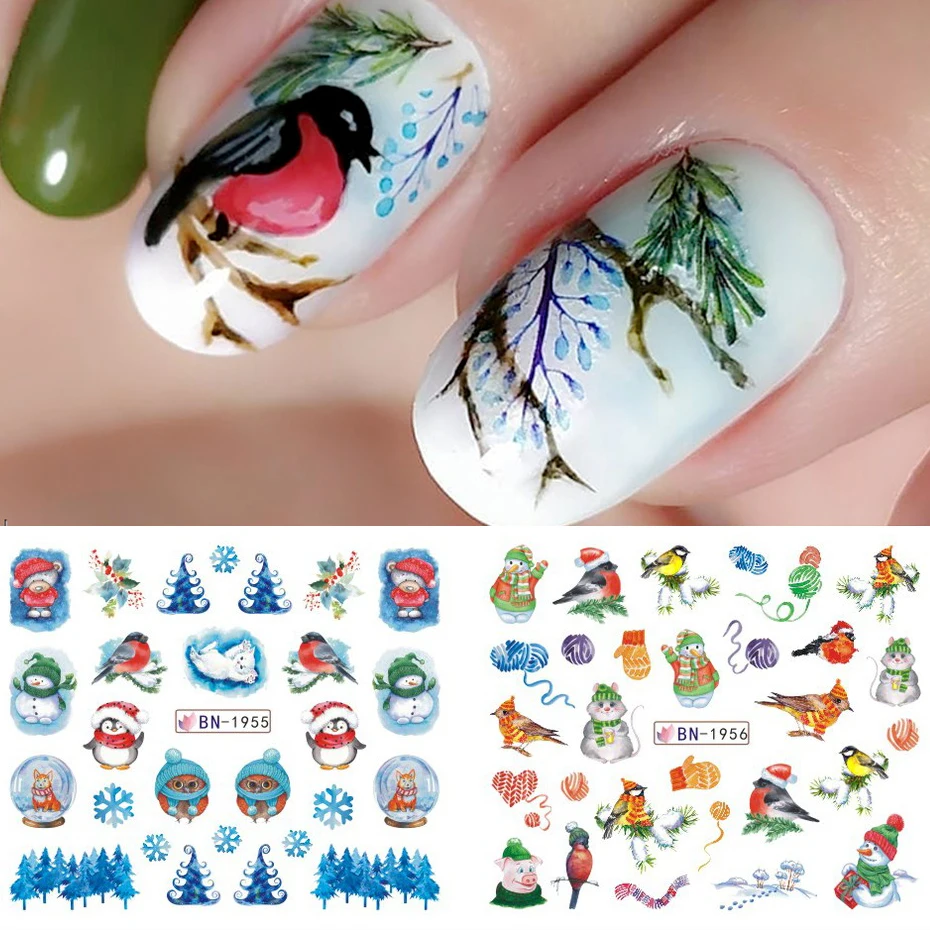 12pcs Cute Penguin Winter Nail Stickers Birds Bear Cat Cartoon Animal Snowflake Sliders Water Decals Decoration Xmas Tips Foils 6