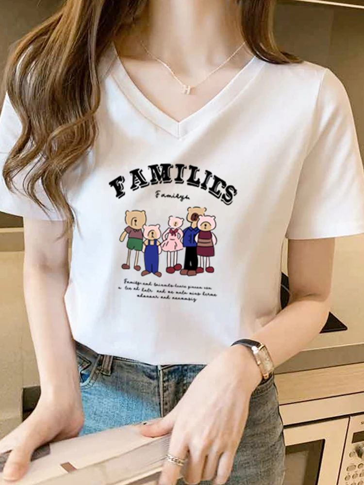 

S-5XL V Neck T Shirts Summer Loose Casual Cotton Short Sleeve Women T Shirt Korean Style Cartoon Printed Base Solid Crop Top
