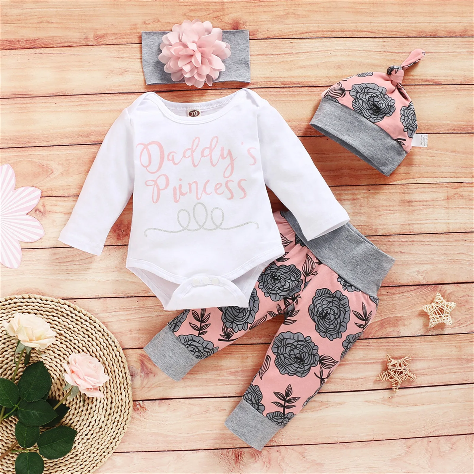 Newborn Infant Baby Girl Letter Romper Jumpsuit Tops+Floral Pants Hat Headband 4Pcs Clothes Set Spring Cute Clothing | Детская одежда и
