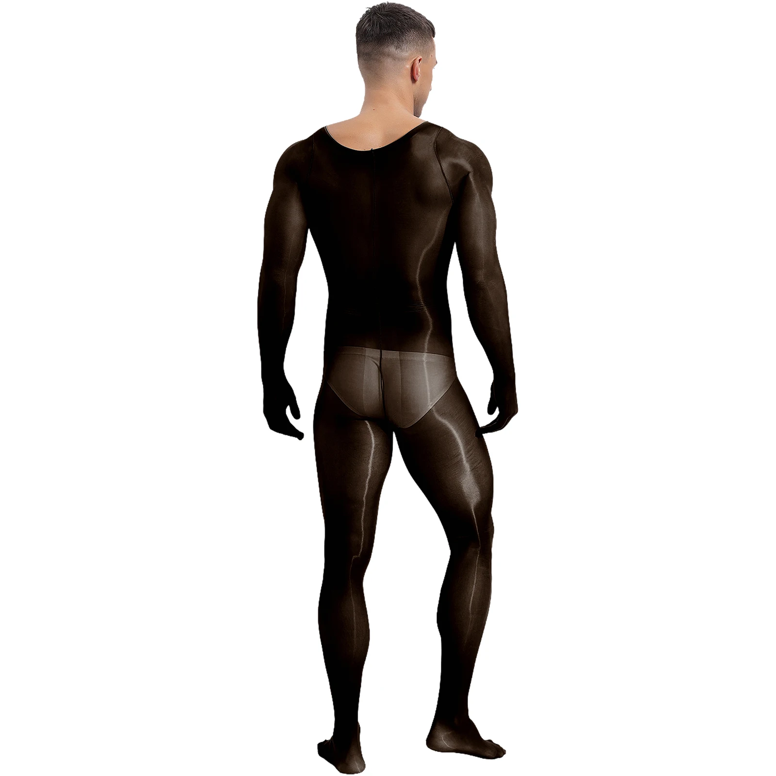 Mens Glossy See-through Full-body Bodysuit Underwear Long Sleeve Full Finger Gloves Bodystockings Jumpsuit Unitard Nightwear