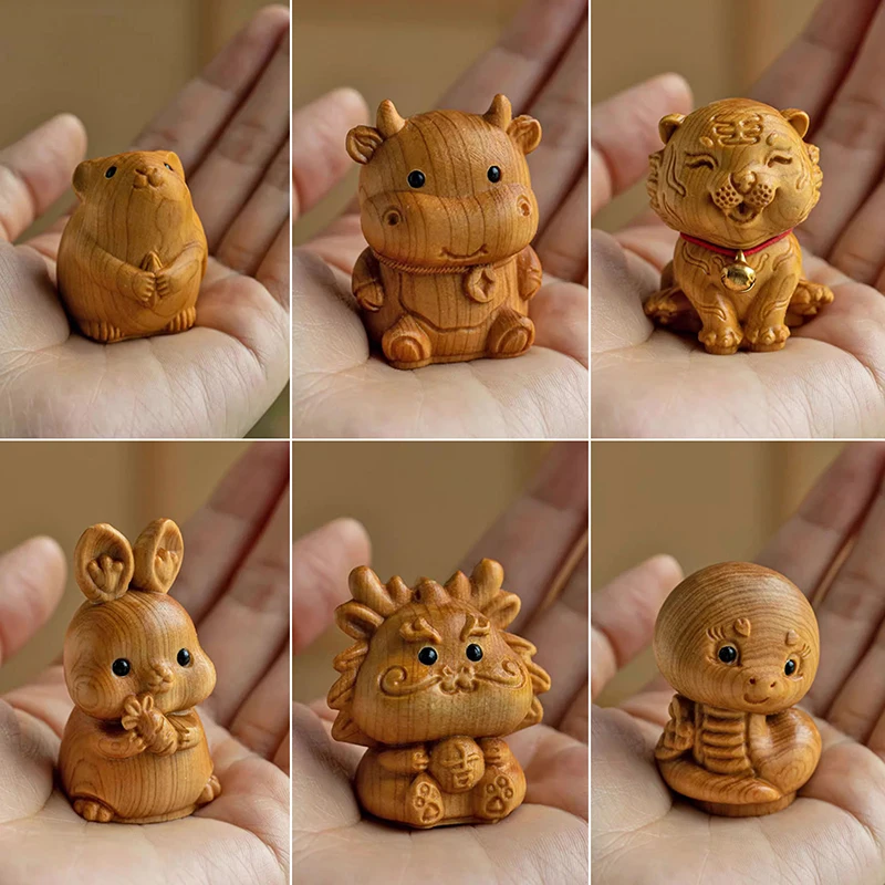 Carving Twelve Zodiac Mini Ornaments Mouse Ox Tiger Rabbit Dragon Snake Office Desktop Cute Little Animal Decorations Kids Gift