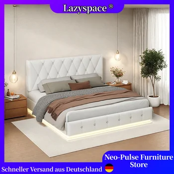 Letto imbottito in pelle artificiale Lazyspace, illuminazione a LED e struttura del letto con spazio di sollevamento idraulico, mobili per la casa con letto matrimoniale, 140x200 cm 1