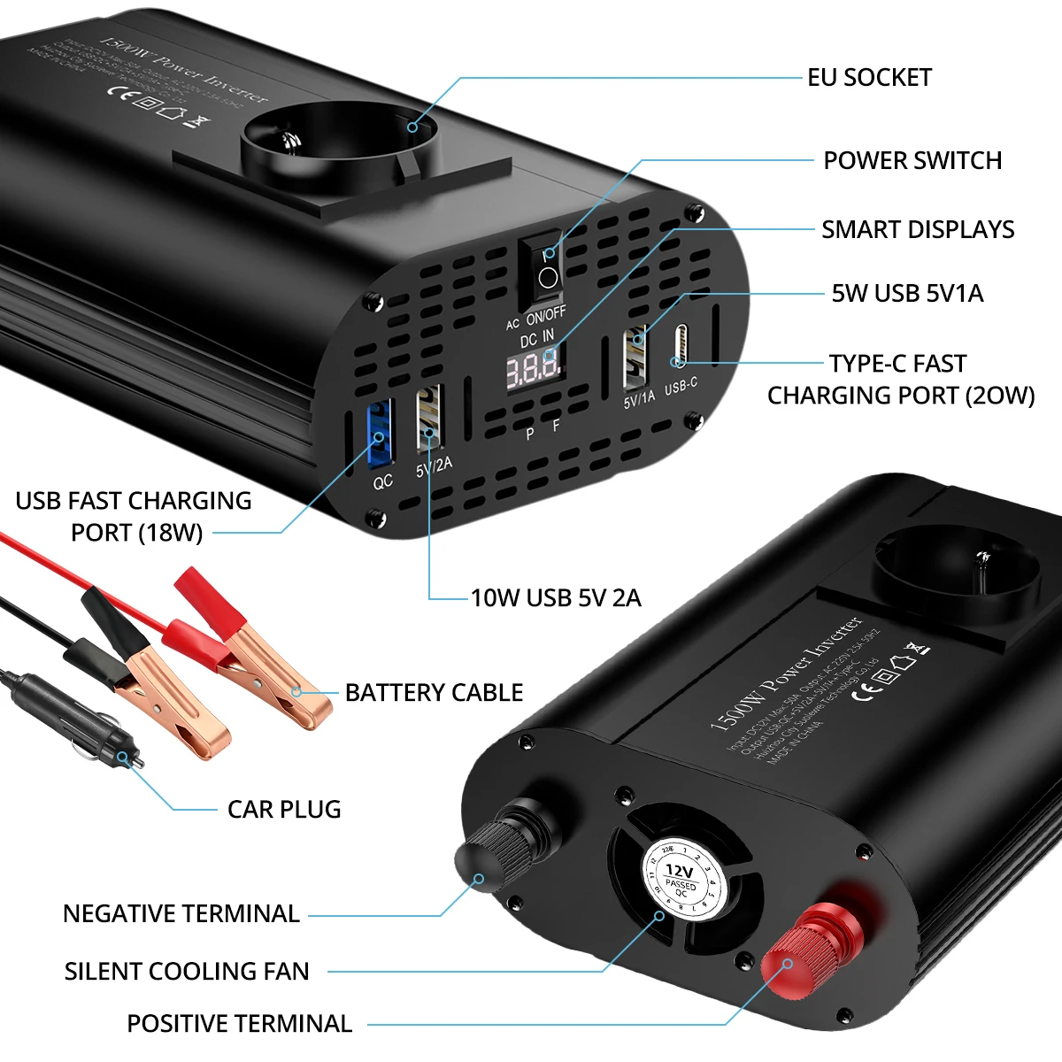 400/500/1500 W Universal-Auto-Wechselrichter 12 V bis 220 V mit Schnellladeanschlüssen und intelligentem Display für automatische Elektrogeräte – Detail 3