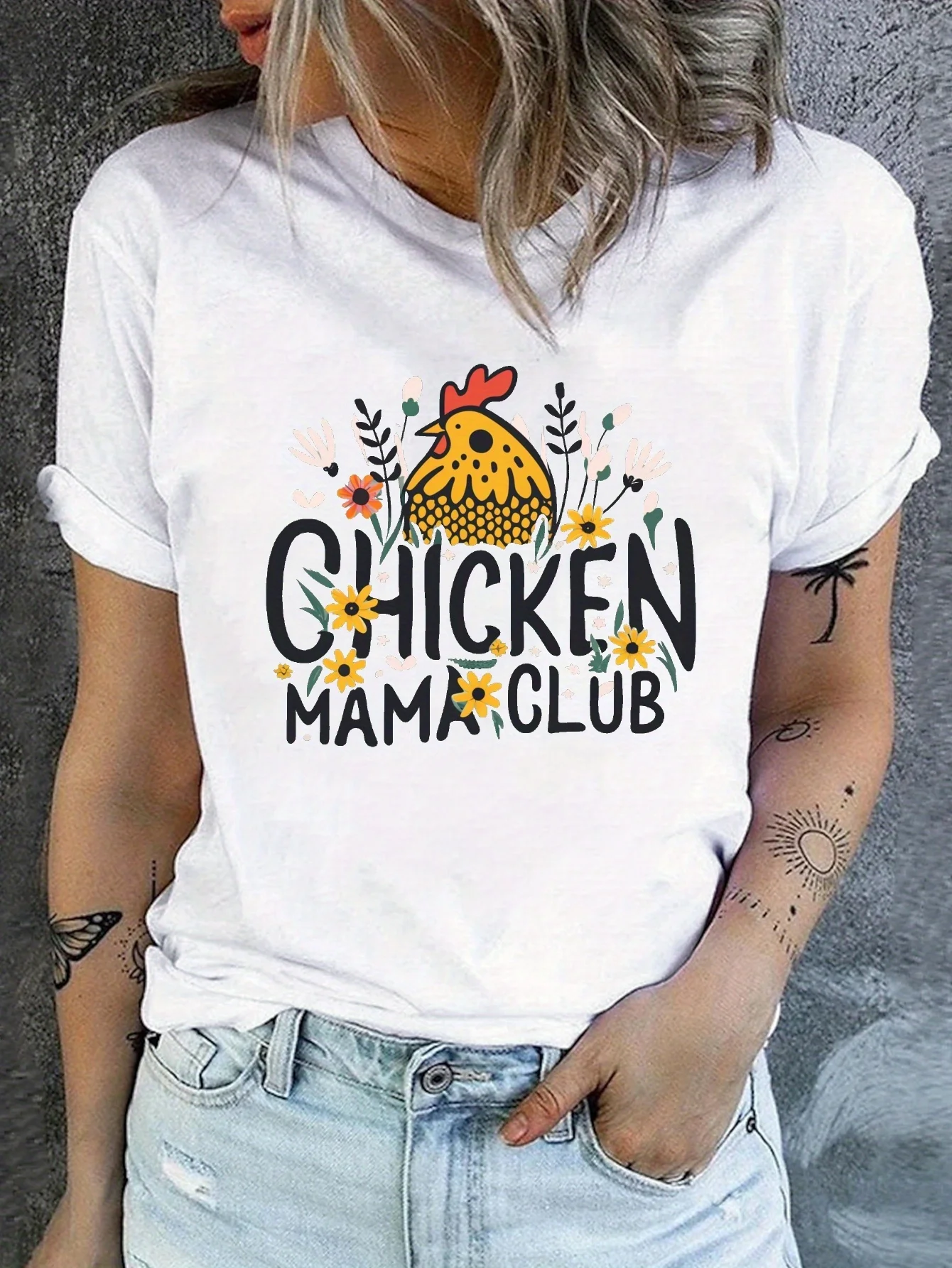 Chicken Print T-shirt, Casual Crew Neck Short Sleeve Top For Spring & Summer, Women's Clothing t shirt women