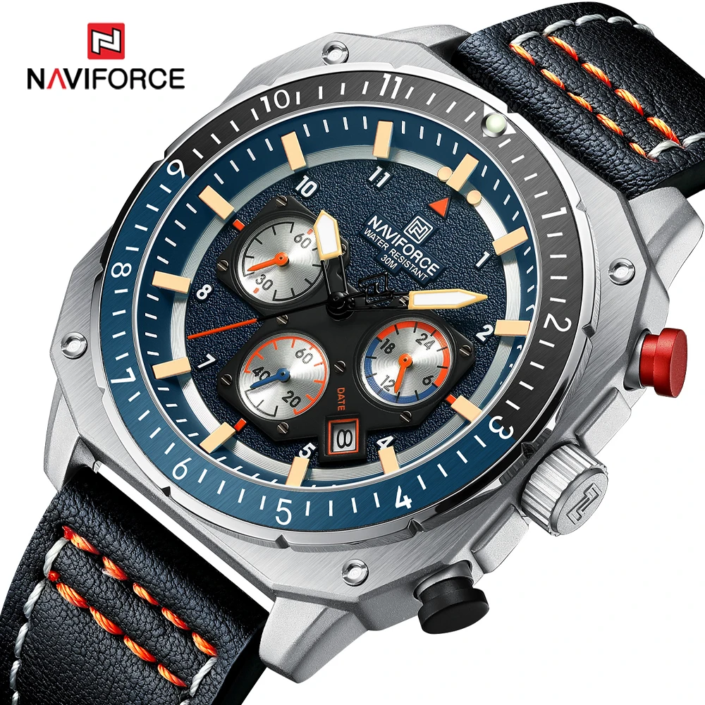 NAVIFORCE Orologio Uomo Militare Sportivo Al Quarzo | Cinturino Pelle Oro Rosa, Cronografo Data 48mm - 2