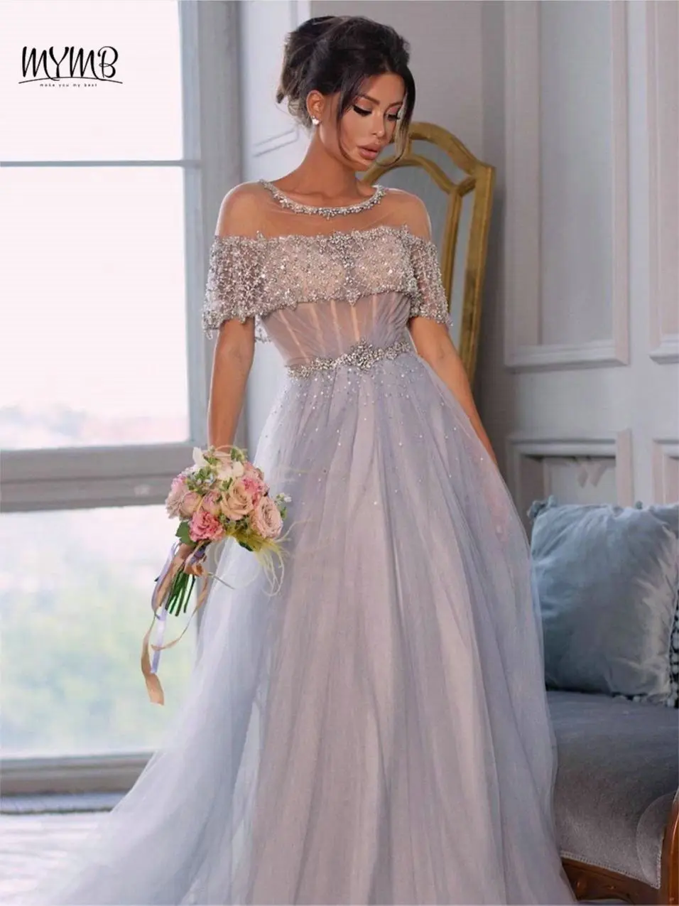 MYMB Arabisch Luxus Cape Sleeve A-Line Blau Abendkleid für Frauen Party Elegante O Neck Perlen Hochzeit Gast Kleider DJH0502 – Detail 4