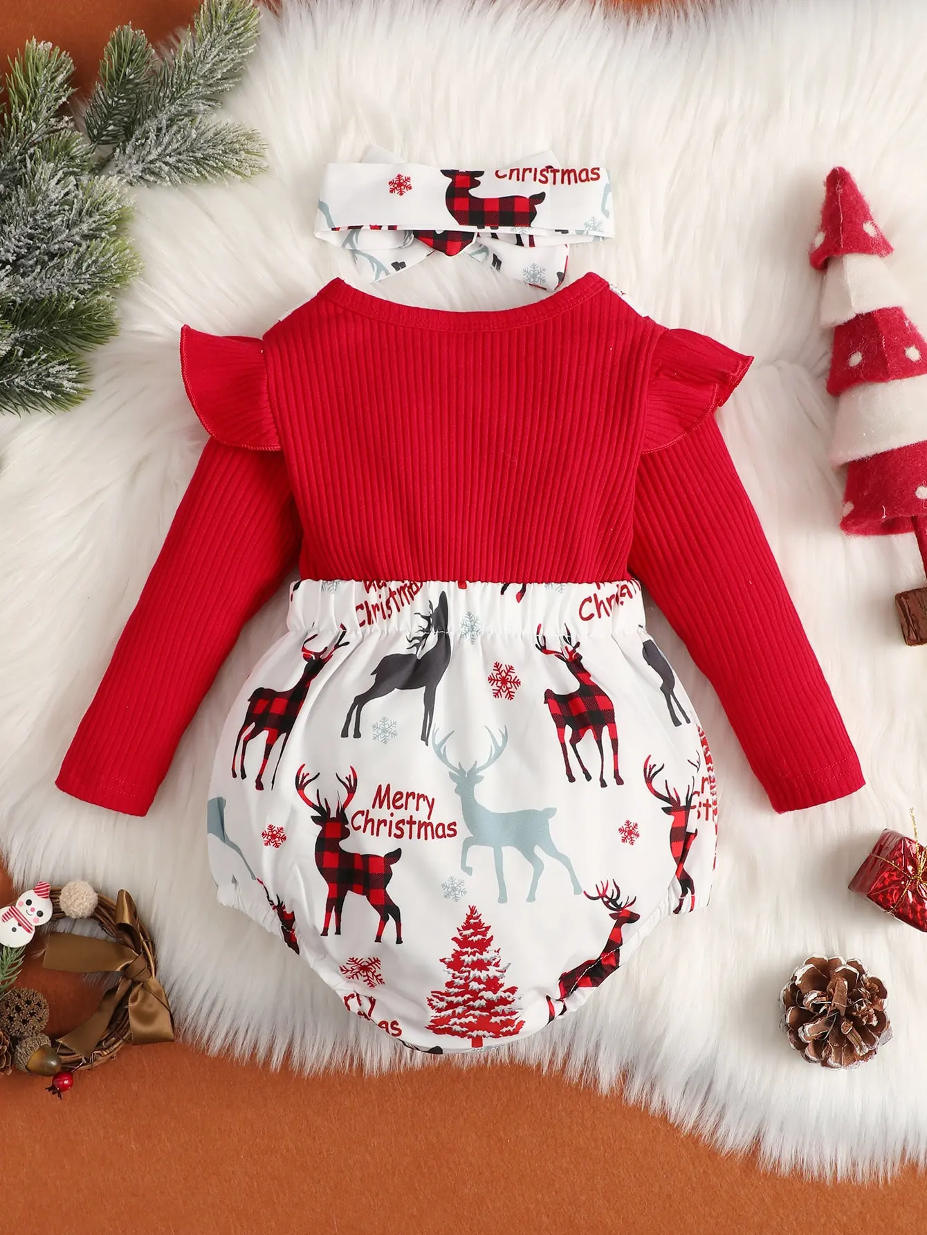Baby Girl 0-2yo Newborn Red Long Christmas Deer Jumpsuit