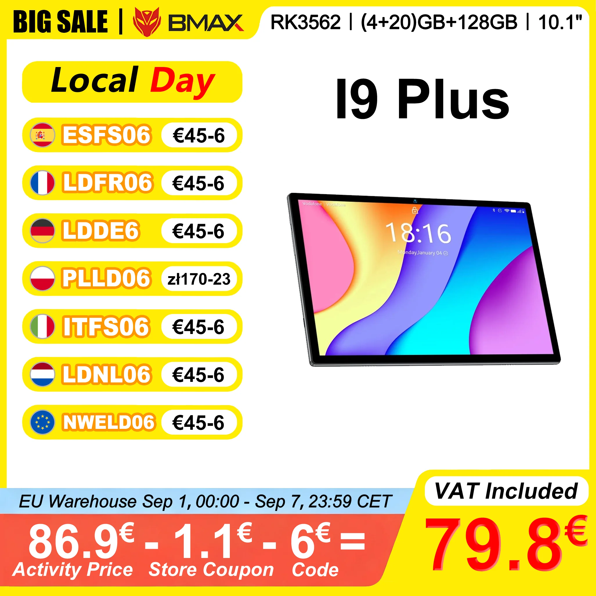 Tablette BMAX I9 Plus 10,1'' (4+20) Go de RAM 128 Go de ROM Rockchip RK3562 Android 15 1280*800 IPS 6000 mAh Type-C WIFI 6 Bluetooth 5.4 2 cœurs 1