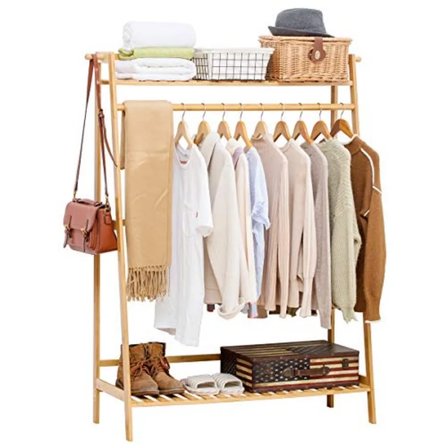 Bamboo Garment Coat Clothes Hanging Heavy Duty Rack with top Shelf and Shoe Clothing Storage Organizer Shelves