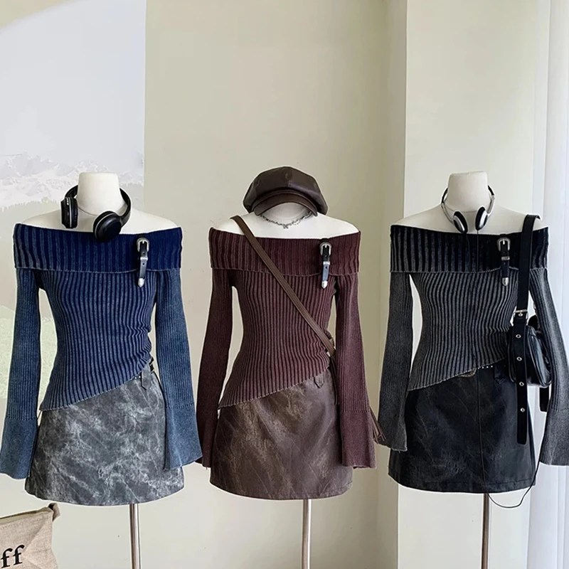 

Модный простой классический вязаный свитер с воротником-лодочкой, пуловеры с открытыми плечами и длинными рукавами, осенне-зимняя уличная одежда с расклешенными рукавами