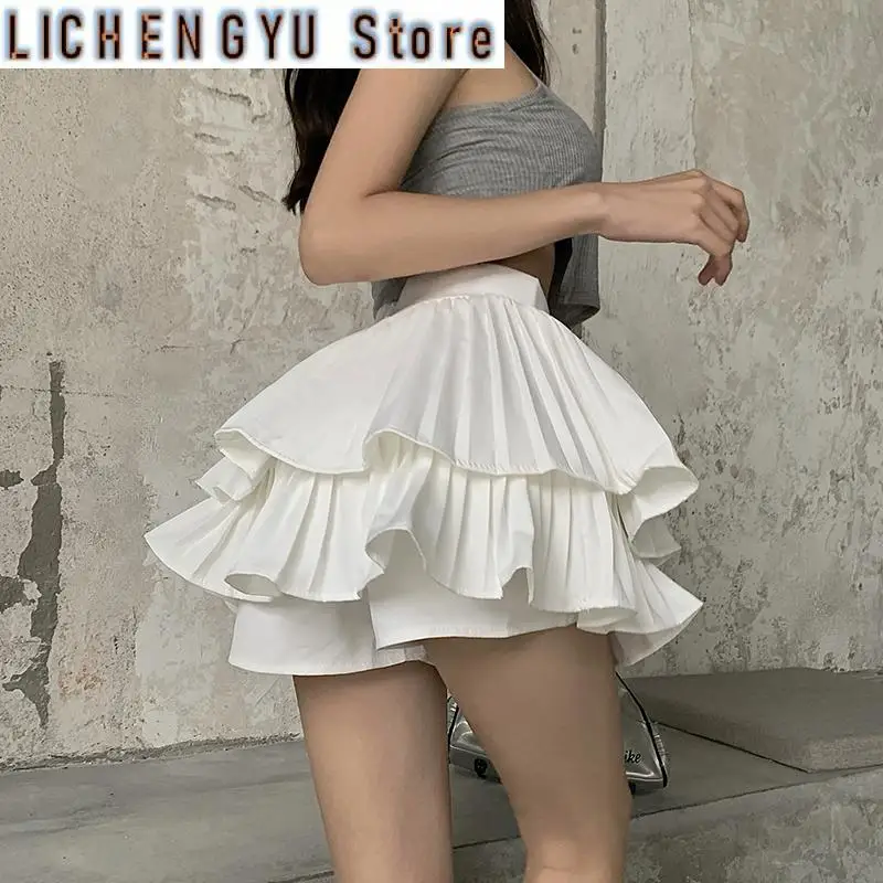 New Summer Shorts Skirts Women Sweat Fashion All-match Shorts High Waist Slim Ruched Cake Mini Skirts Wide Leg Shorts Lady