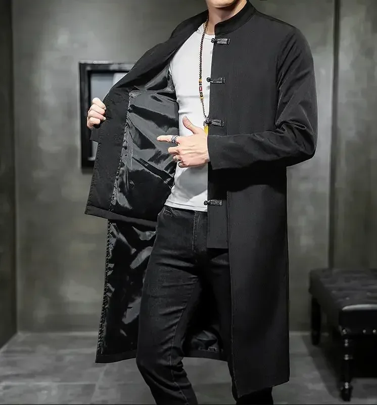 Trench Coat Men Fake two Pieces Cardigan Kimono Coat Male Long Chinese Style Black Loose Vintage Cotton Linen