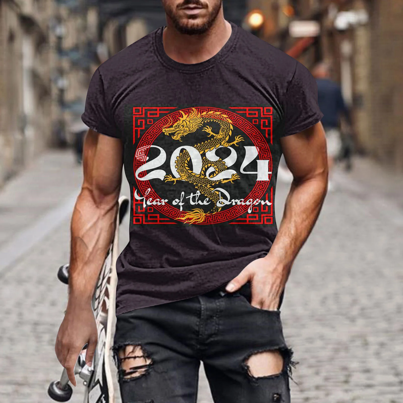 New 2024 Hot 3D digital printed Chinese dragon pattern outdoor fitness sports men's short sleeve T-shirt new design size XXS-6XL 2021 new 3d star pattern t shirt male star t shirt cool 3d printing style pattern summer trend short sleeved xxs 6xl