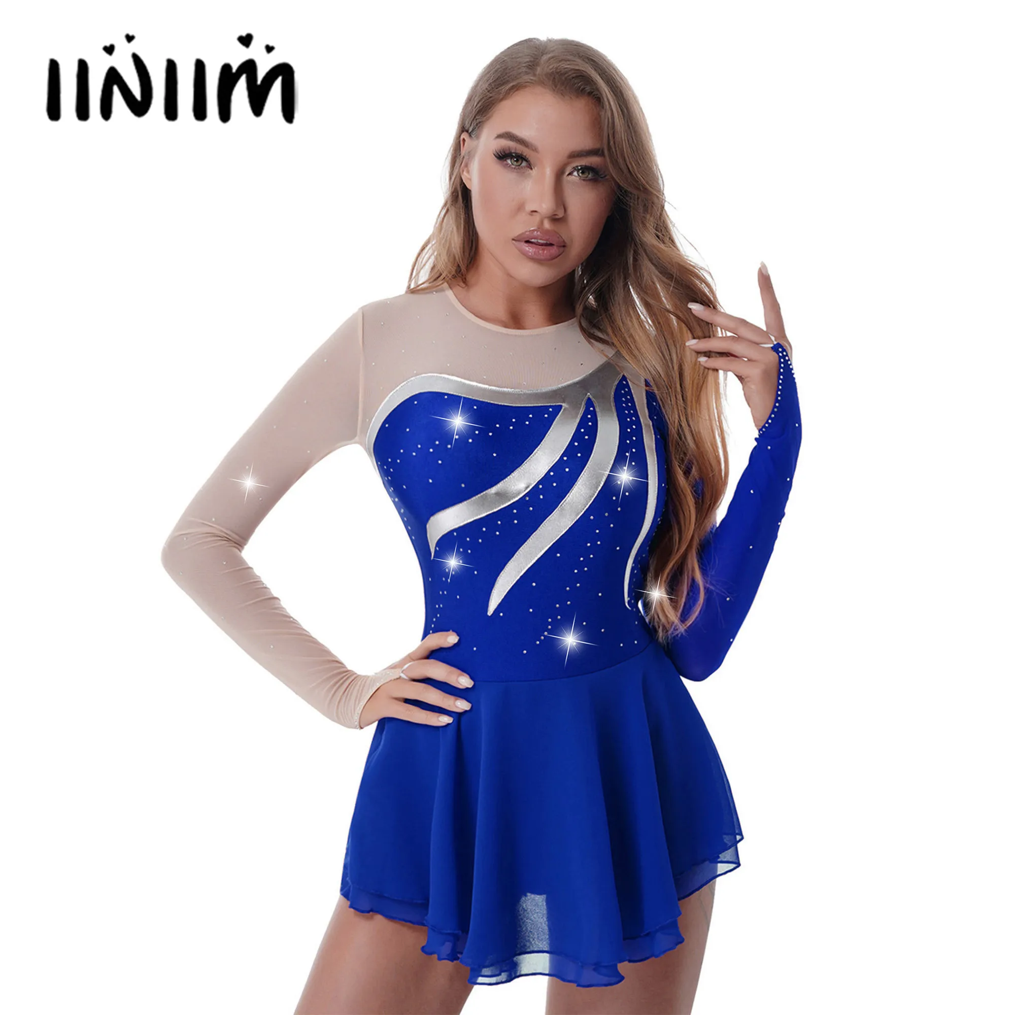 

Womens Gymnastics Leotard Skating Ballet Dress Shiny Rhinestone Long Sleeve Dance Dresses Figure Skating Latin Tango Dance Dress