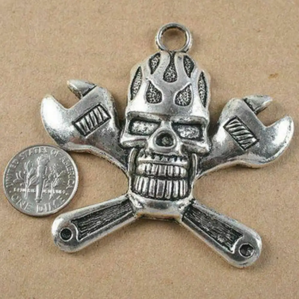 2PCS 64x61mm,loop:2.9mm DARK SILVER TONE WRENCH SKULL PENDANT H3560