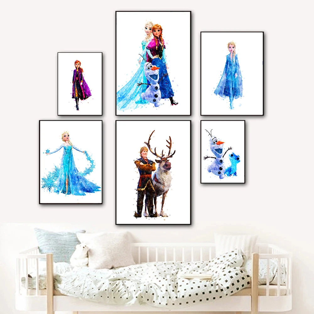 

Frozen Princess Anna and Elsa Poster and Print Olaf Kristof Sven Watercolor Canvas Painting Wall Art Living Room Home Decor