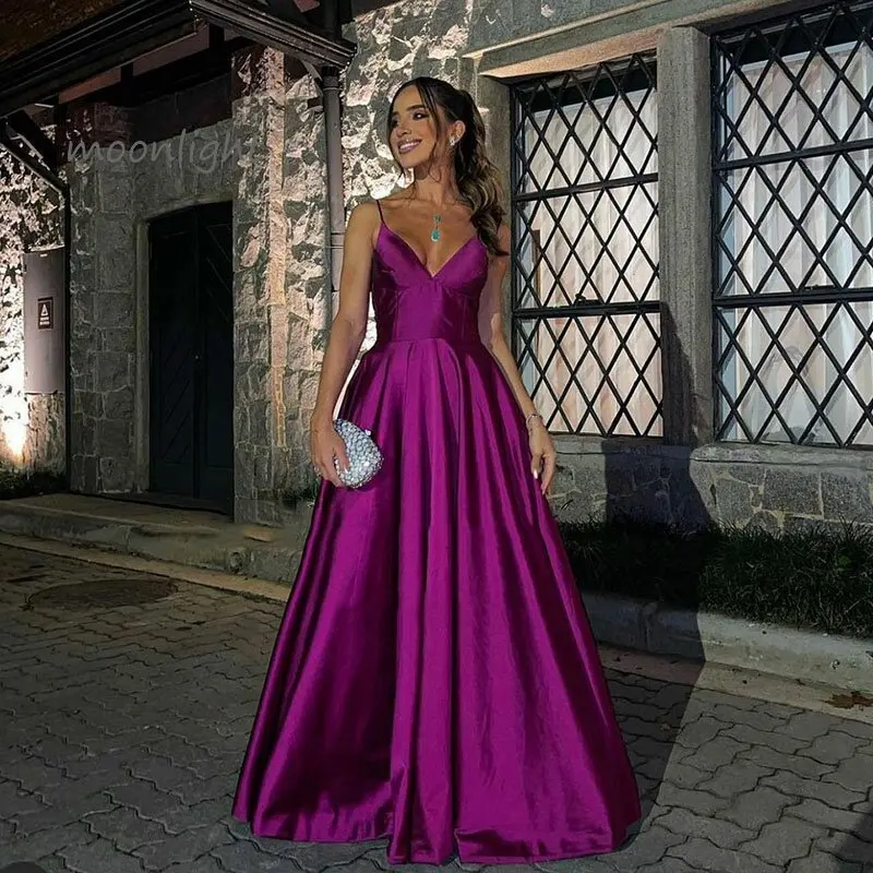 

Purple V Neck Evening Dress For Women Spaghetti Strap Sleeveless Backless A Line Satin Formal Party Prom Gowns Vestidos De Noche