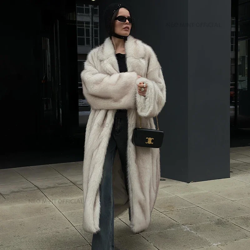 Neo Mint Vintage Luxury Long Faux Fox Fur Coat Women 2024 Winter Warm Fluffy Fur Jacket Female Street Furry Outerwear Overcoat 3