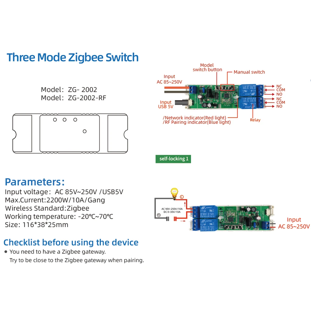 Tuya Smart Zigbee 2 Channel 85-250V 3 Mode Zigbee Switch ,Smart DIY Inching Swit