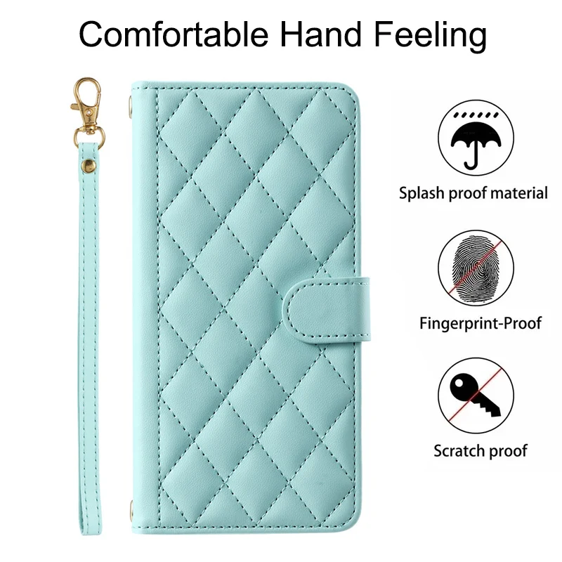 Luxuriöse karierte Leder-Handyhülle für Samsung Galaxy A06 A05 A05S A04 A04S A14 A24 A34 A54 Kartensteckplatz Lanyard Flip Wallet Cover_voghion.com