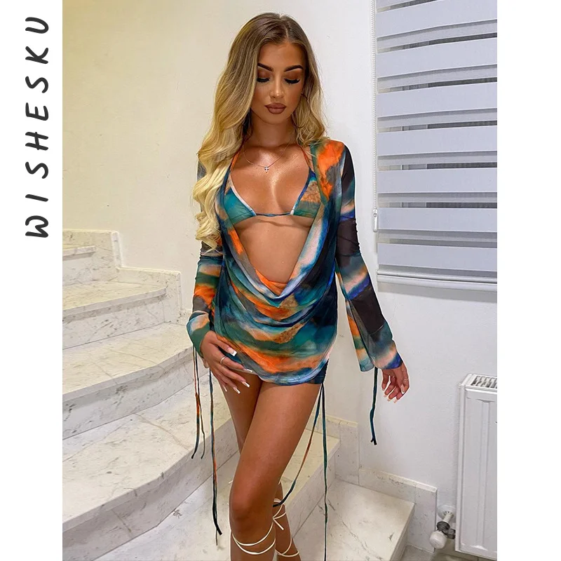 

Sexy Slit Cuff Plunge Neck Backless Drawstring Ruched Mini Dress+Lace Up Bra Outfits 2023 Summer Beach Holiday Two Piece Set