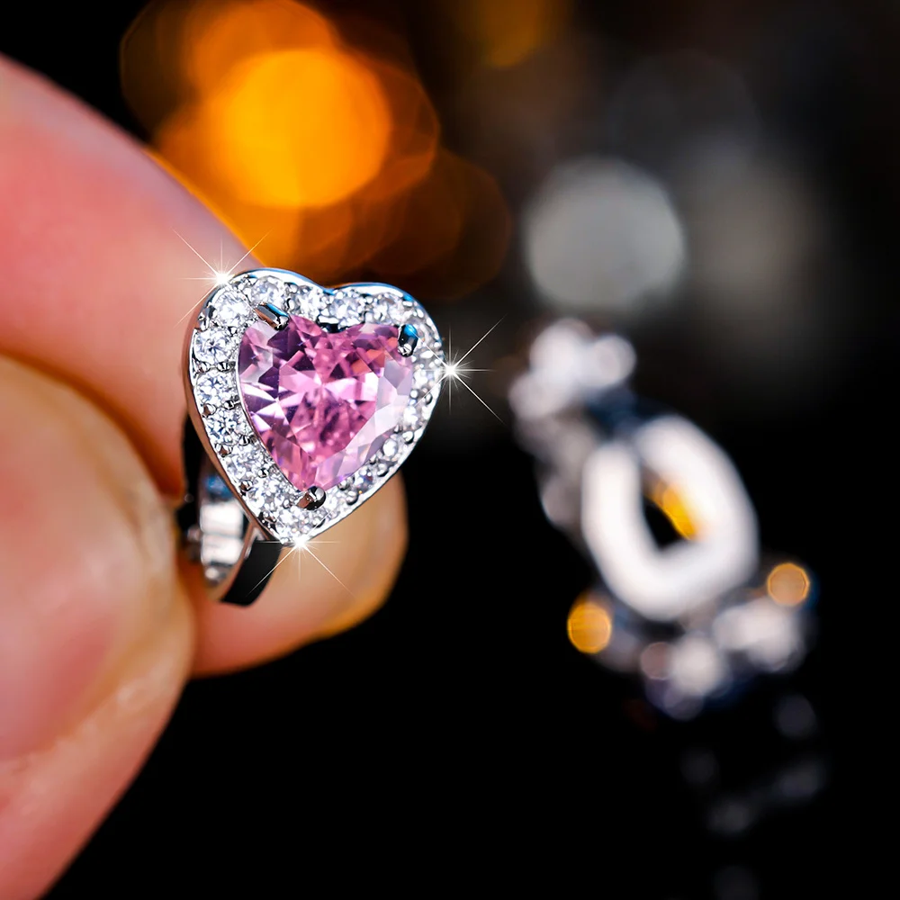 Cute Female Zircon Stone Heart Clip Earrings Vintage Silver For Women