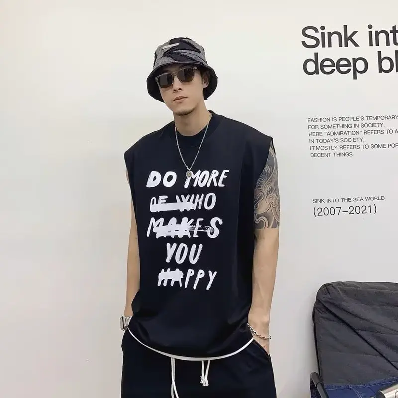 Printed Letter Graffiti Vest Men's Summer Trendy Waistcoat Bottoming Top Loose Outer Wear Sleeveless T-shirt