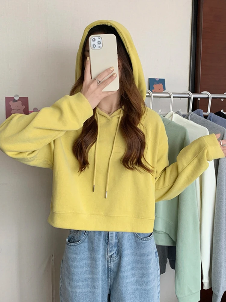 

Hoodies Long Sleeve Pullover Solid Loose Sweatshirts Women's Clothing Spring Autumn New Simple Hooded Short Tops Korean Fashion