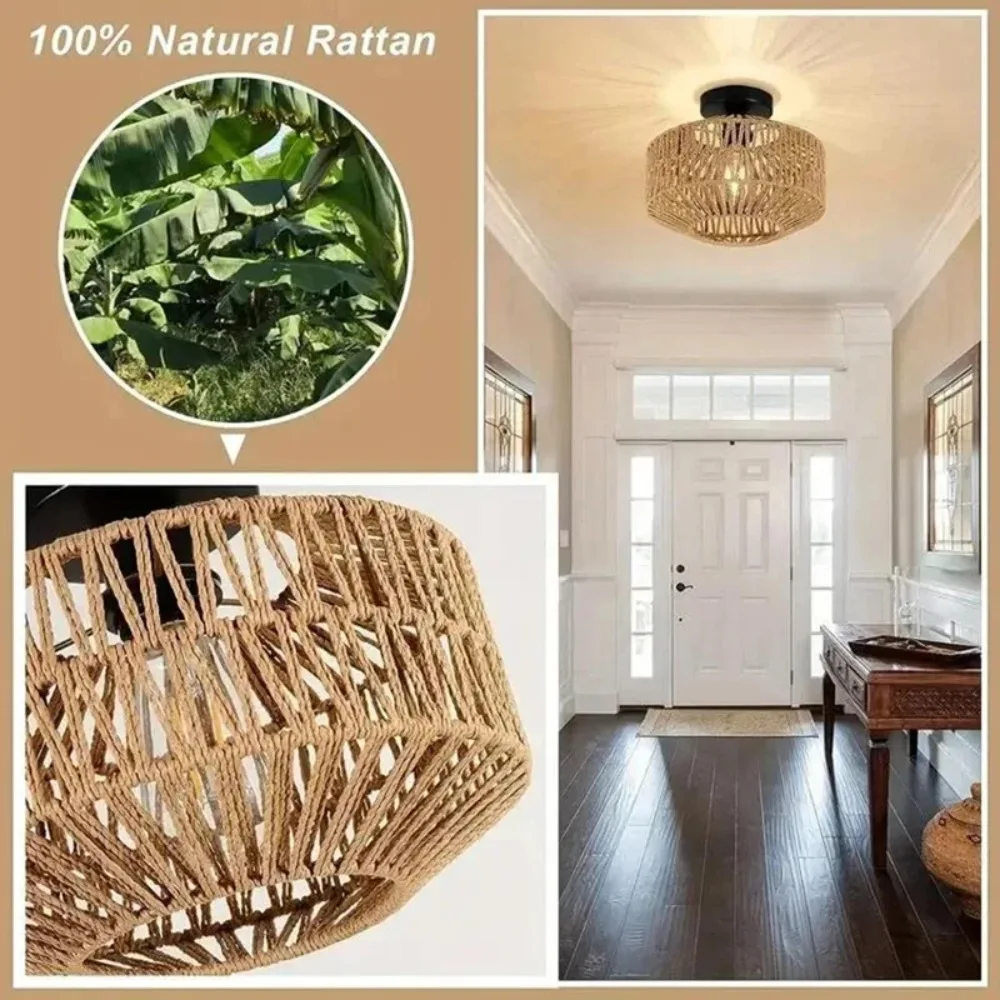 Natural Bamboo Ceiling Chandelier Hanging Lamp Handmade Rattan Fixture Weaving Home  Bedroom Kitchen Decor Ceiling Pendant Light