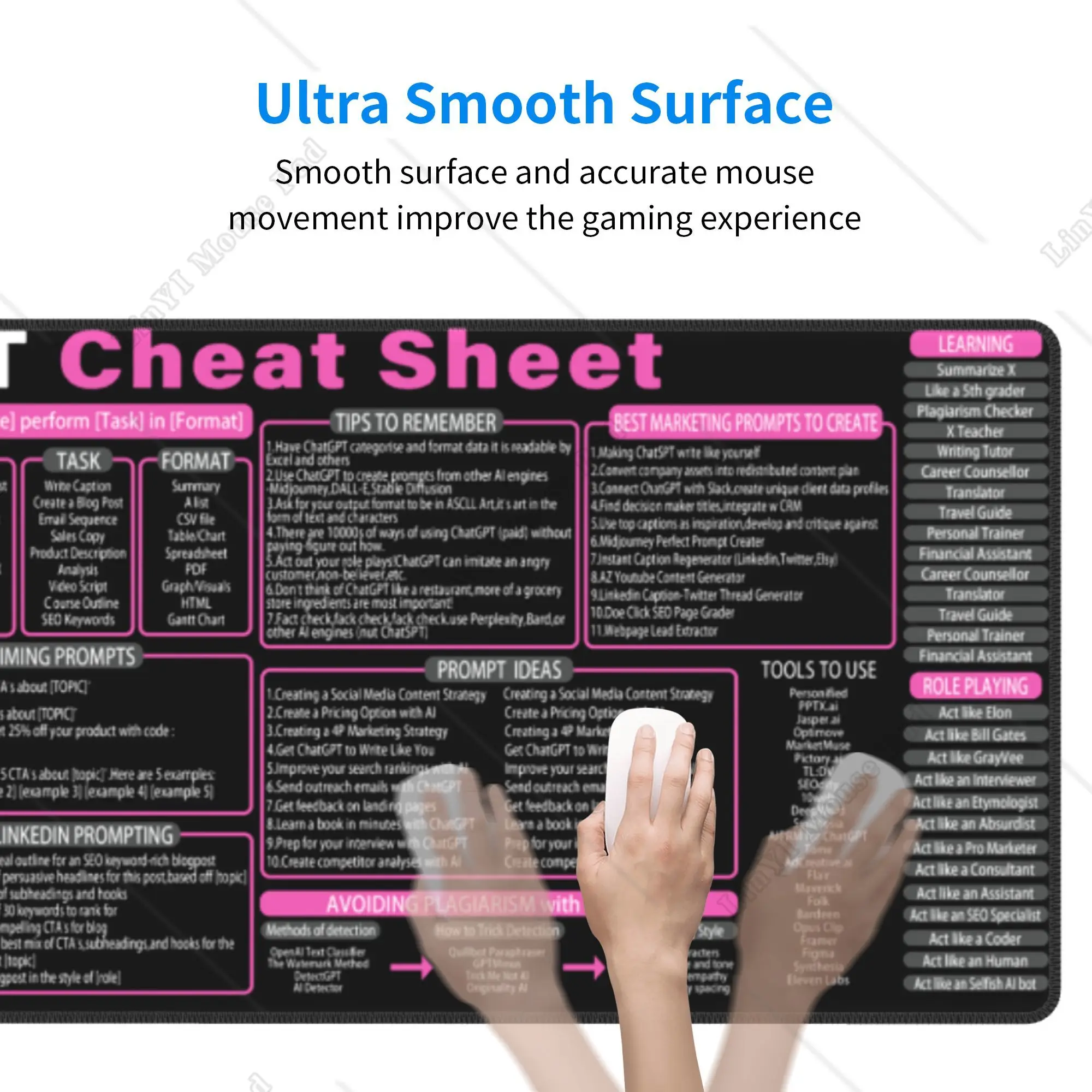 Chat GPT Cheat Sheet Mouse Pad Gift for Computer Programmer Gift for Hacker Unique Pink Mouse Mat for Office Work 31.5x11.8 Inch 5