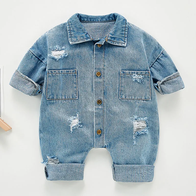 Spring Autumn Newborn Boys Girls Cowboy Broken Hole Jumpsuits Clothes Baby Long Sleeve Rompers Children Rompers