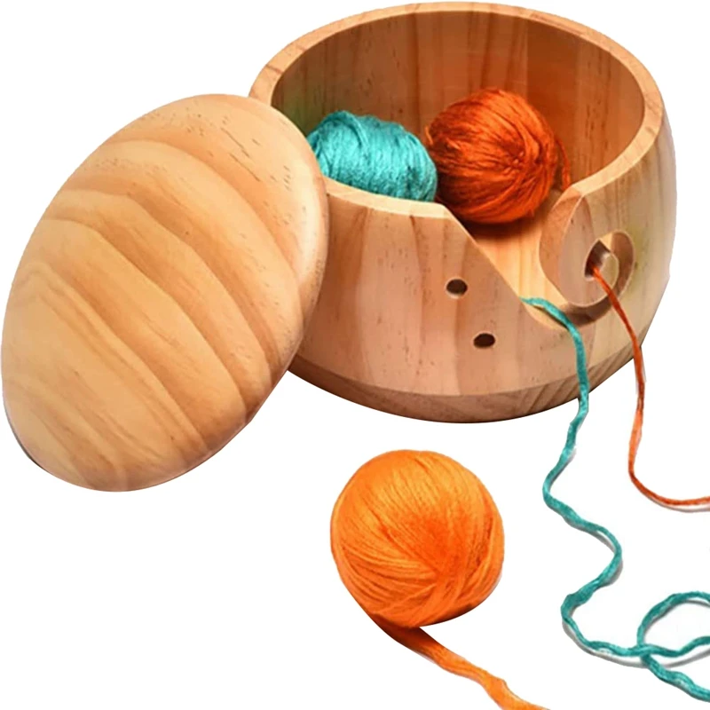 Wooden Yarn Bowl,Yarn Bowls with Lid for Knitting Crochet Yarn Ball Holder  Handmade Yarn Storage Bowl,Dark Wood 