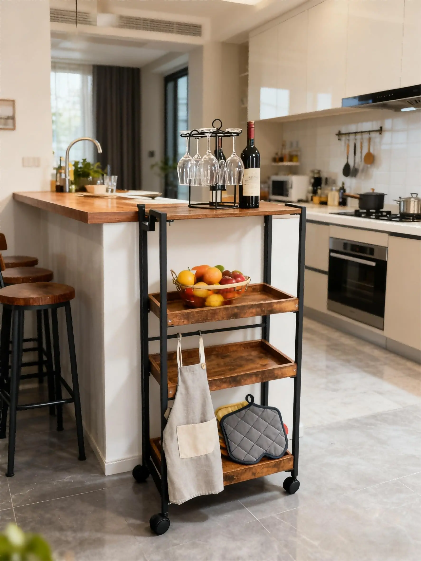 4-stöckiger schlanker Aufbewahrungswagen, faltbarer Rollorganizer mit Holzregalen, mobiles Aufbewahrungsregal für Küche, Bad, Waschküche – Detail 7