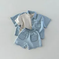 Ensemble deux pièces décontracté en denim pour enfants, chemise à manches courtes et short trempés, vêtements coréens pour garçons et filles, été, nouveau, 6856-1 2