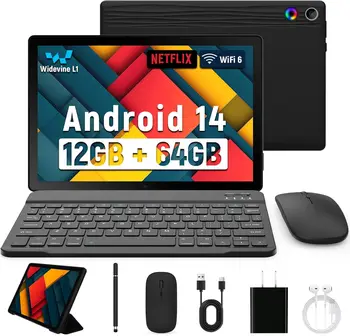 URAO 2025 Tablet Android 10 pollici 12GB + 64GB doppia fotocamera 1TB di espansione Kit tablet 8in1 con custodia protettiva per tastiera Mouse Stilo 1