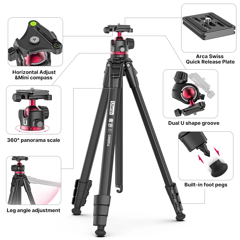 Ulanzi-trípode de viaje de aleación de aluminio para teléfono móvil, monopié de Metal para cámara DSLR, con cabeza de bola, Arca Swiss