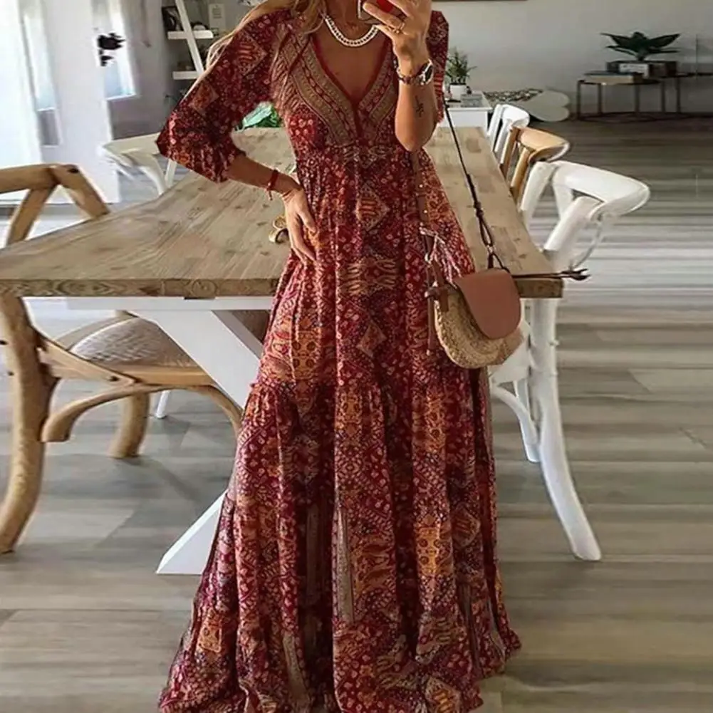 

V Neck Maxi Dress Bohemian Style Vintage Print Maxi Dress V Neck High Waist Three Quarter Sleeve Loose Hem Soft Floor Length