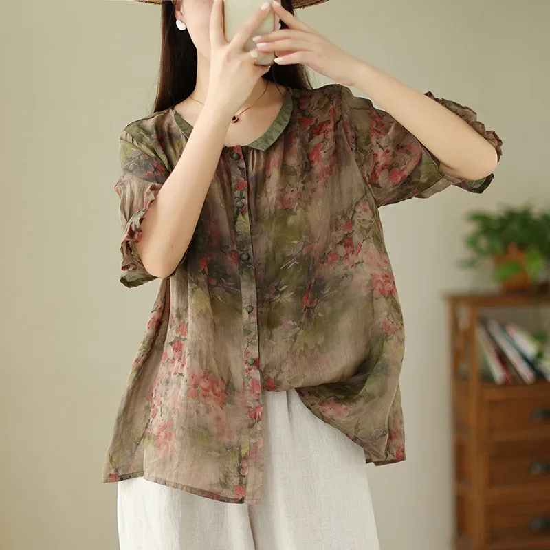 

2023 New Summer Women Loose Peter Pan Collar Short Sleeve Blouse Cotton Linen Vintage Print Single Breasted Casual Shirts V538