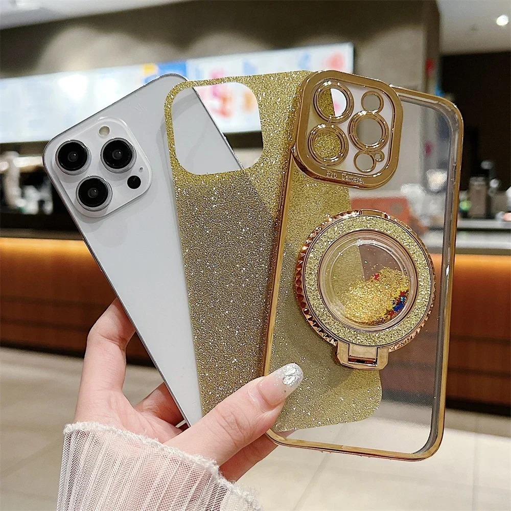 Bling Glitter Electroplate Magnetic Holder Quicksand Case for IPhone 16 15 14 Plus 11 12 13 Pro Max for Magsafe Bracket Cover_voghion.com