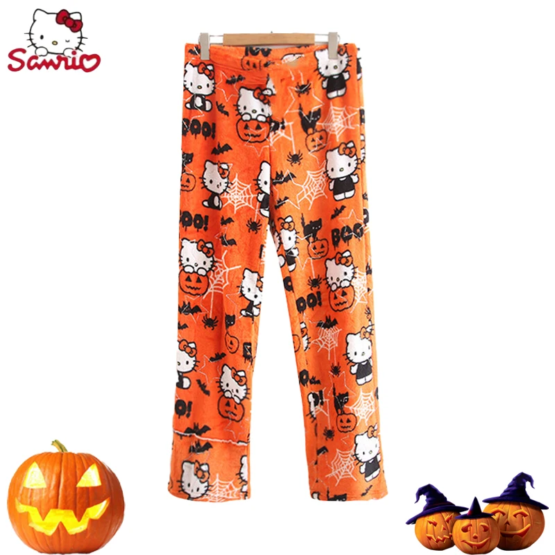 

Halloween Sanrio Hello Kitty Anime Pajama Pants Fleece Double Elastic Fabric Soft Trousers Women Trousers Festive Days Gifts